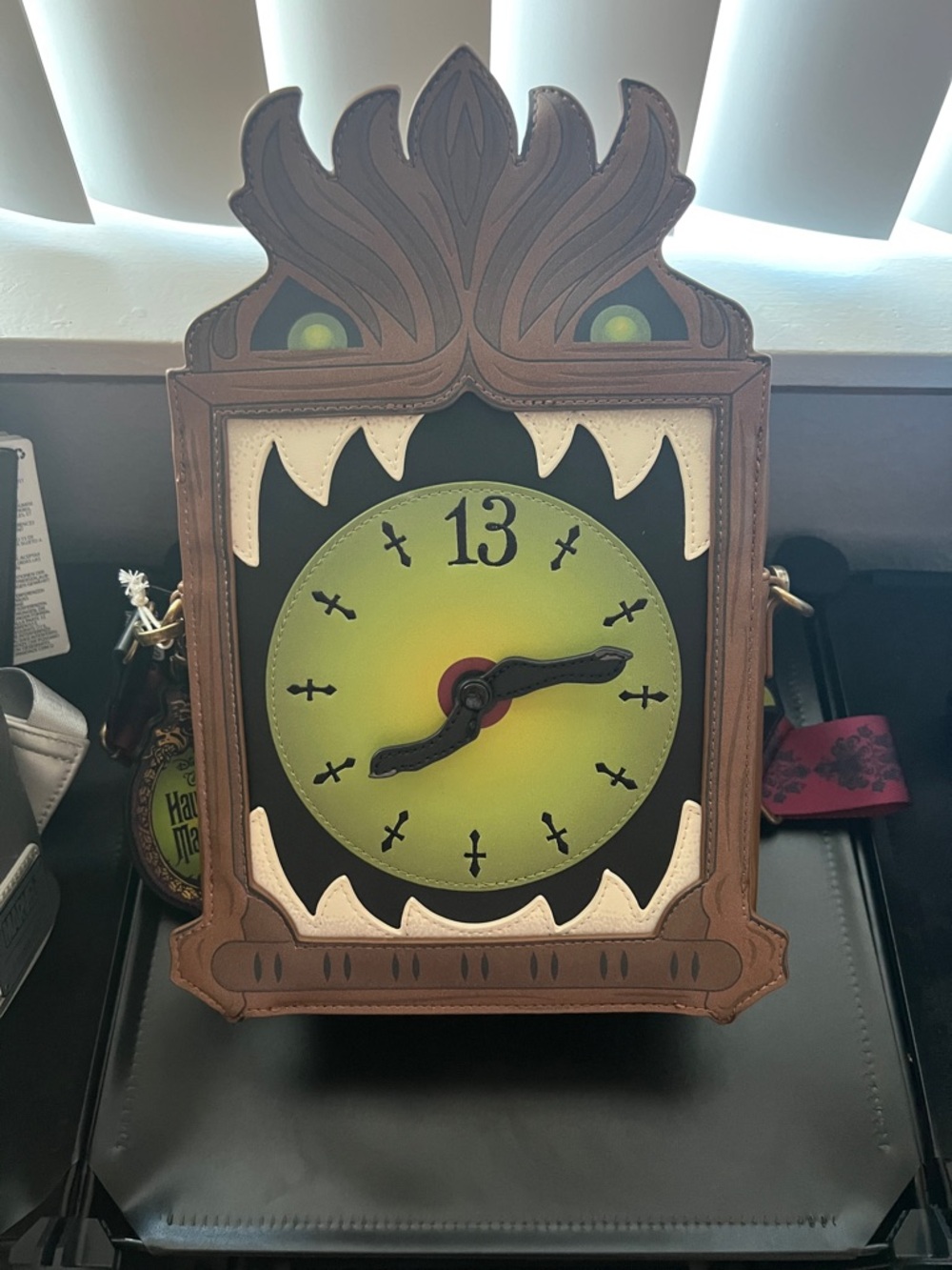 Haunted Mansion Loungefly Green Monster Clock Crossbody Bag with Brown Frame